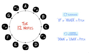 The musical alphabet showing sharps and flats and the B-C and E-F gaps