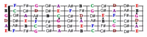 Full guitar fretboard with the natural note names labelled