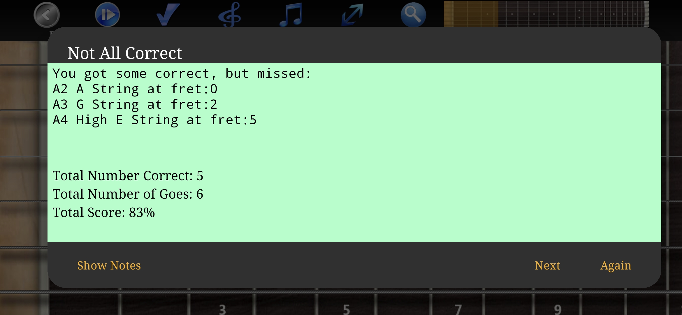 Guitar Scales and Chords app - interactive feedback showing correct notes