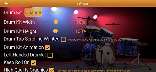Learn Drums - Settings for drum kit, left-handed mode, rolls and tone