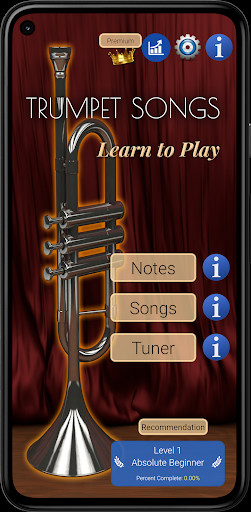 Trumpet Songs - Main menu with notes, songs and tuner